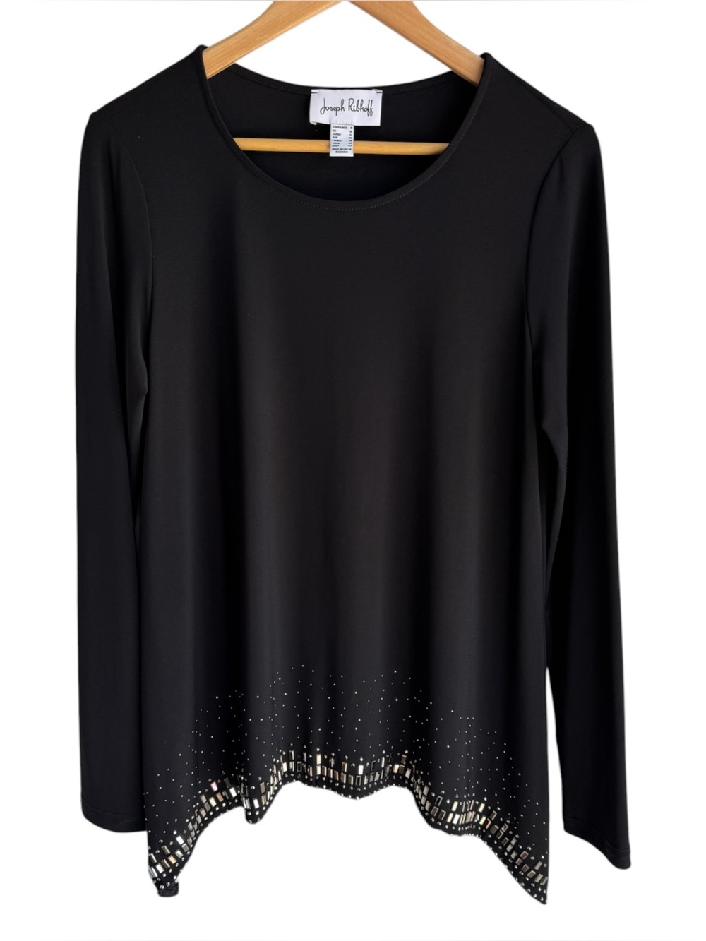 Joseph Ribkoff Stretchy Cocktail Top Sz 8 Black Mirrored Rhinestones Statement